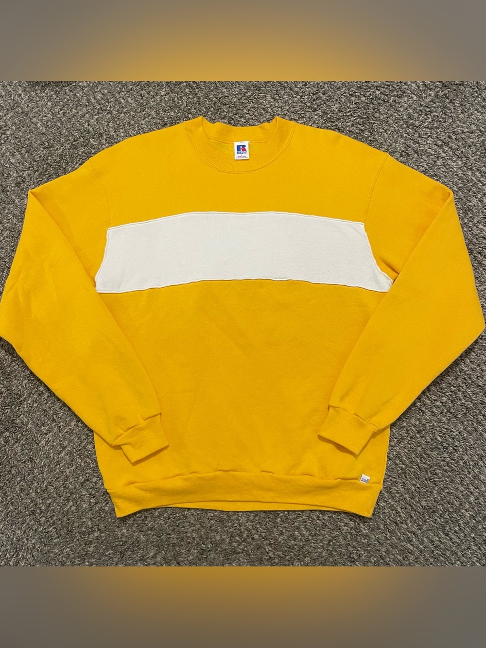 Vintage 90s Russell Athletic Yellow White Stripe Pullover Crewneck Sweatshirt L